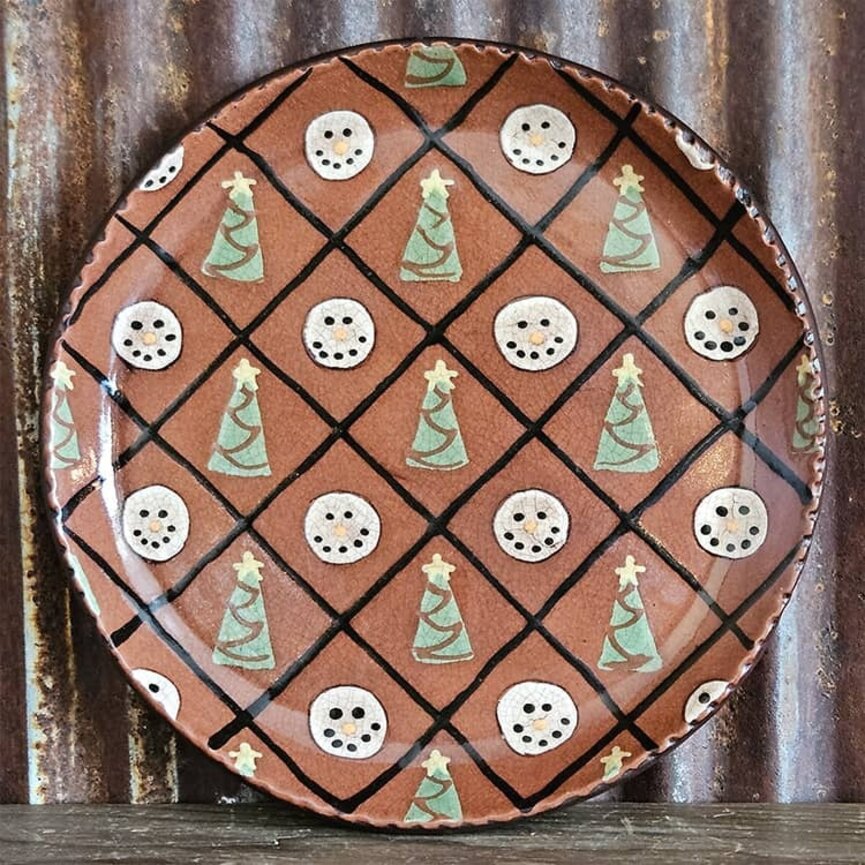 Smith Redware Snowman Face & Tree with Star Round Plate - 9"