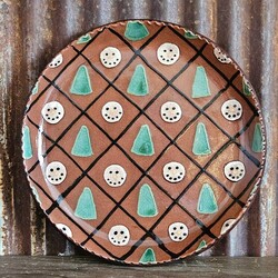 Smith Redware Snowman Face & Pine Tree Round Plate - 9"