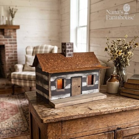 Log Cabin Rusty Tin Roof - Lighted
