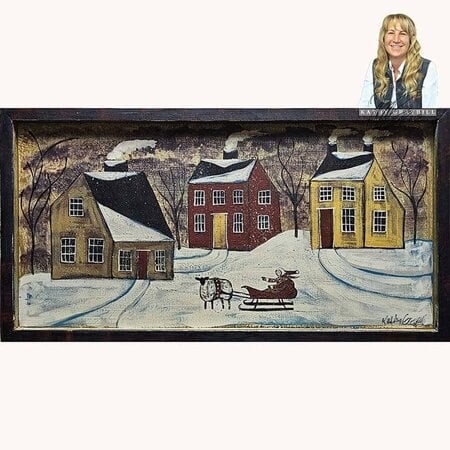 Saltbox Houses Girl Riding Sleigh Original Painting