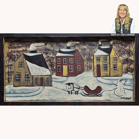 Saltbox Houses Sheep Pulling Sled Painting