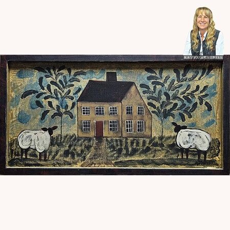 Mustard Saltbox House with Sheep Painting