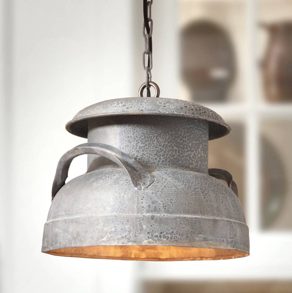 Country Farmhouse Lighting | Milk Can Pendant in Weathered Zinc