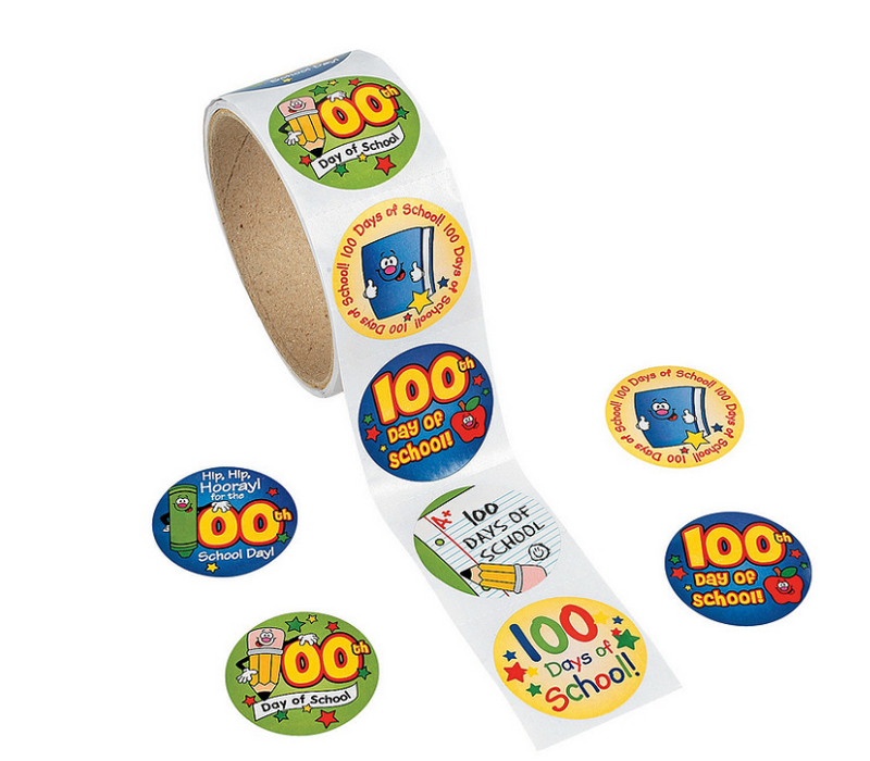 100th Day of School Multicolor Paper Sticker Roll - 100 Pc.- 1 1/2"