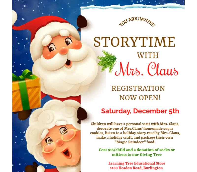 Storytime with Mrs. Claus  Dec 5th  10:30-11:30 am