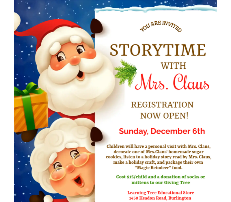 Storytime with Mrs. Claus  Dec 6th  11:30am-12:30pm