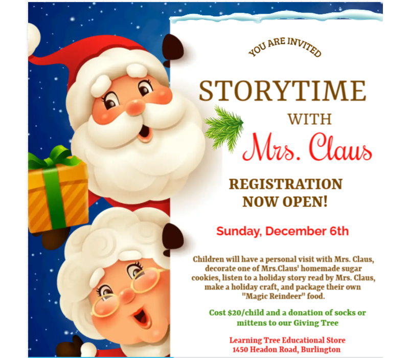 Storytime with Mrs. Claus  Dec 6th  1:00-2:00pm