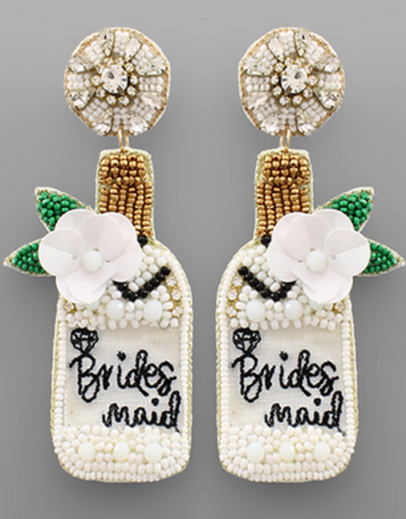 Golden Stella BRIDEMAID Flower Champagne Bottle Earrings , White