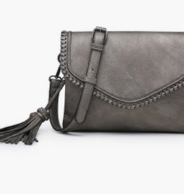 Jen & Co Sloane Flapover Crossbody W/ Whipstitch and Tassel, Pewter