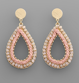 Golden Stella Braided Raffia Teardrop Earrings, Pink