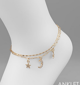Golden Stella Moon & Star Charm 2 Layer Anklet Gold