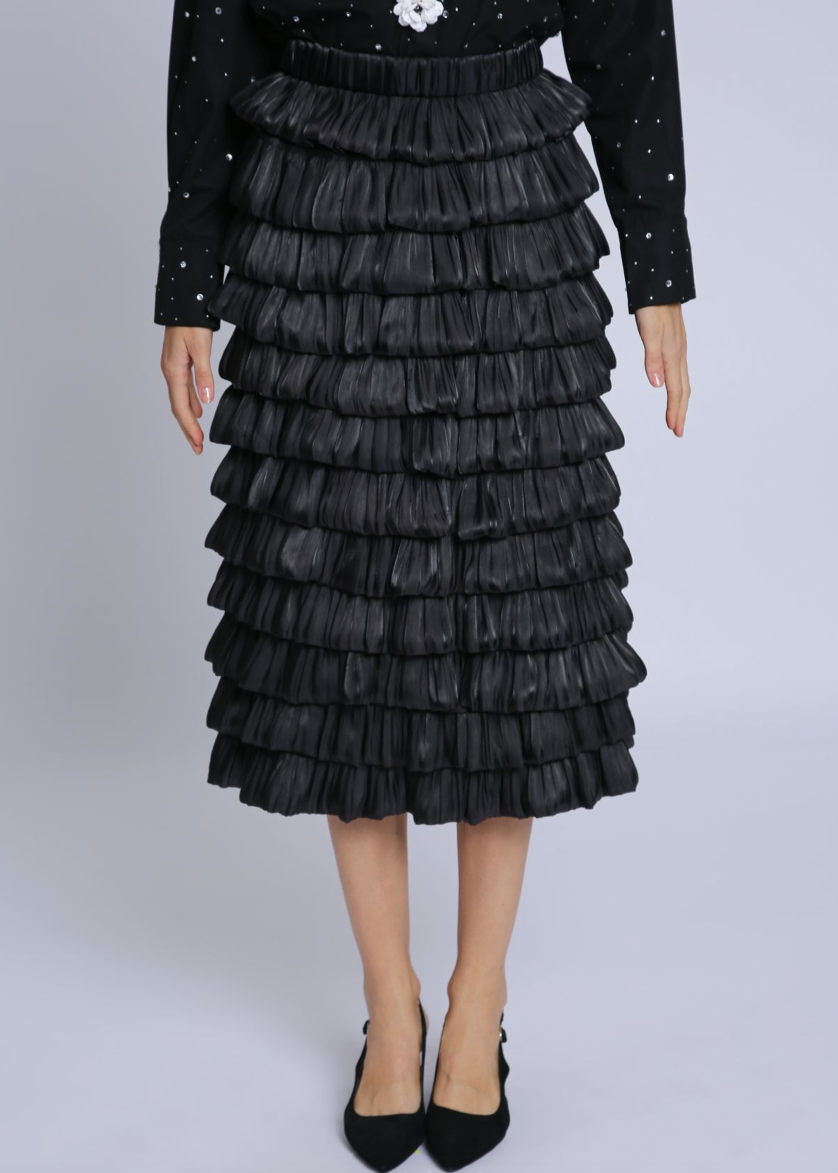 Beulahstyle Tiered Glossy Crinkle Textured A-line Midi Skirt