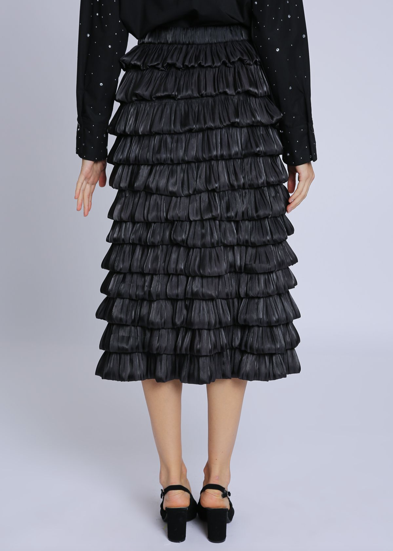 Beulahstyle Tiered Glossy Crinkle Textured A-line Midi Skirt