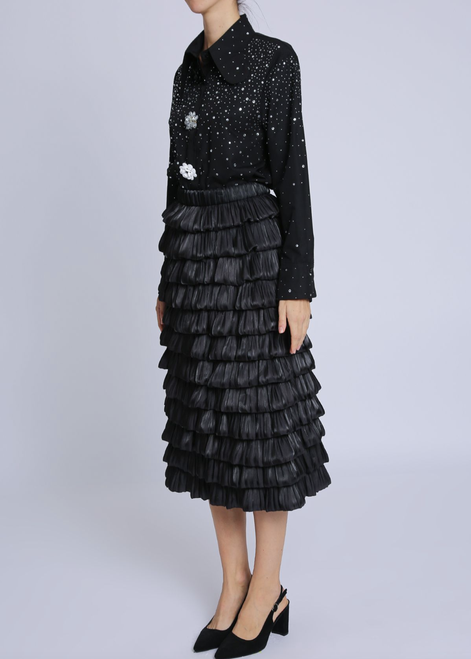 Beulahstyle Tiered Glossy Crinkle Textured A-line Midi Skirt