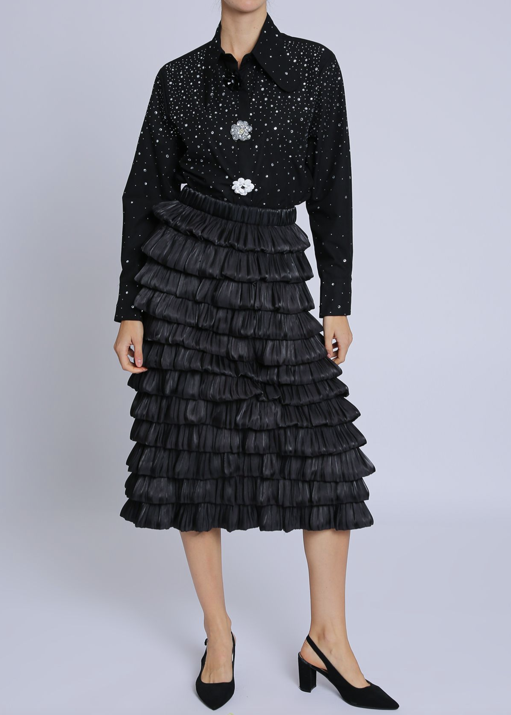 Beulahstyle Tiered Glossy Crinkle Textured A-line Midi Skirt