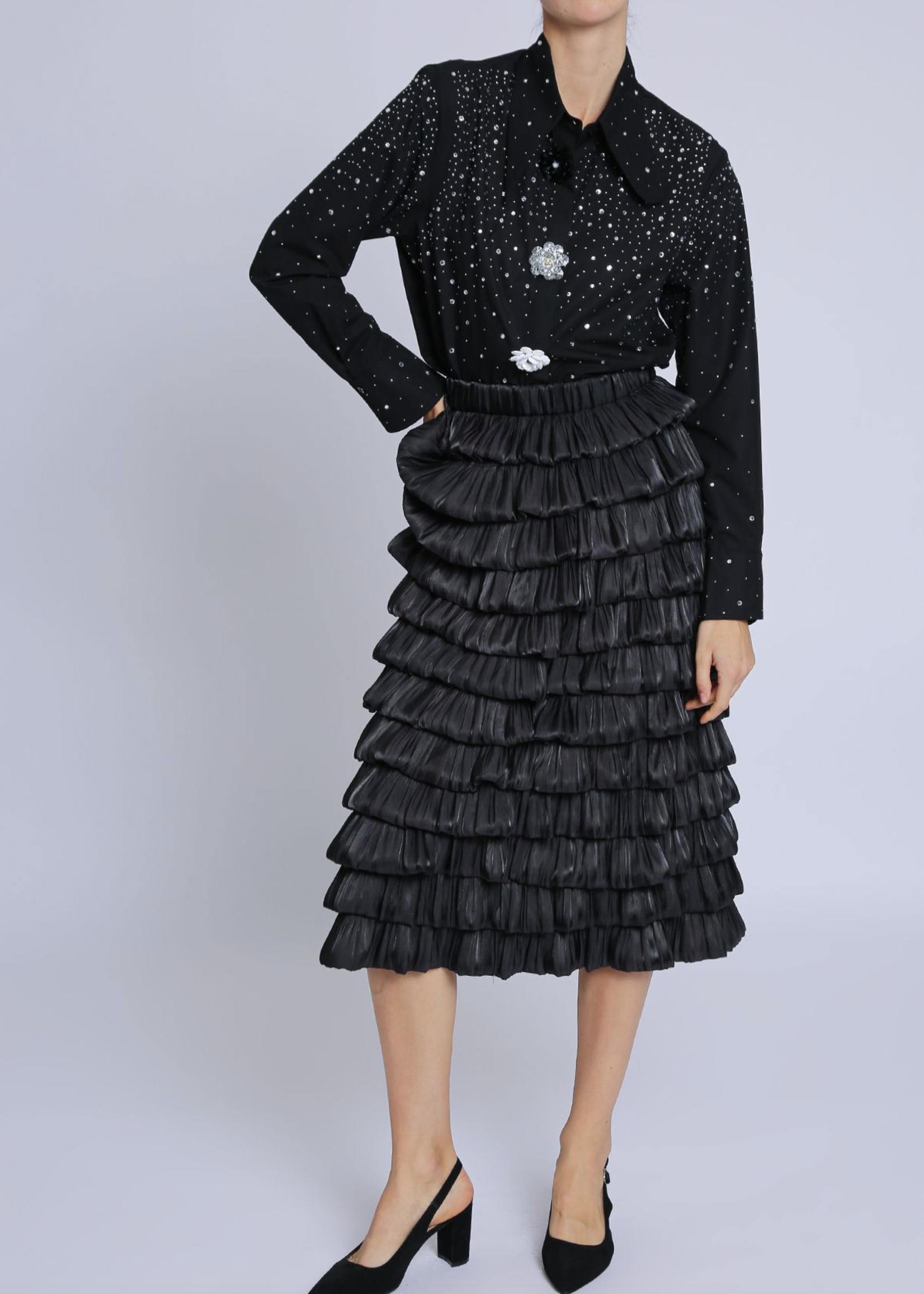 Beulahstyle Tiered Glossy Crinkle Textured A-line Midi Skirt