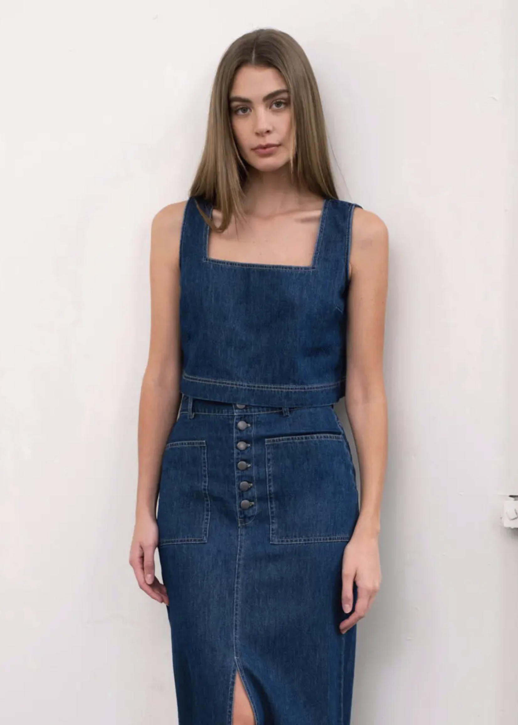 Moon River Denim Sleeveless Crop Top