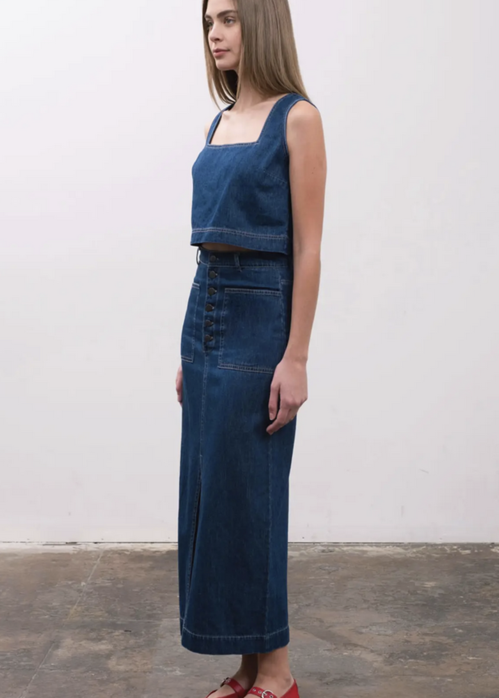 Moon River Denim Sleeveless Crop Top