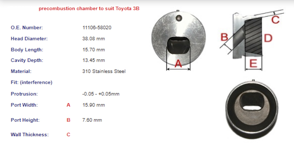 3B Pre-Combustion Chamber - Toyota 3B (pre-cup) 11106-58020
