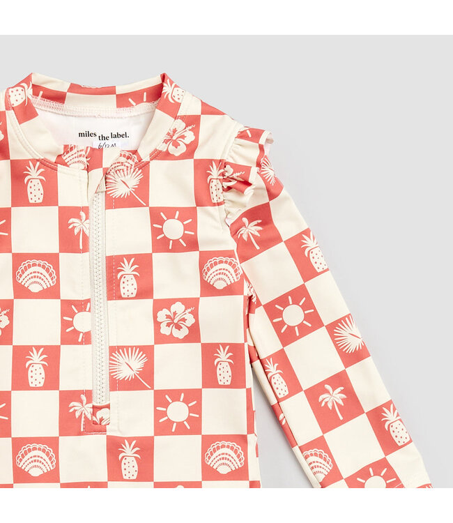MILES THE LABEL MAILLOT DE BAIN À MANCHES LONGUES - DAMIER TROPICAL CORAIL