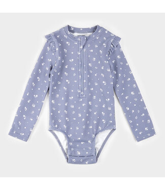 PETIT LEM MAILLOT DE BAIN À MANCHES LONGUES - BLEU GRIS IMPRIMÉ FLEURS DES CHAMPS