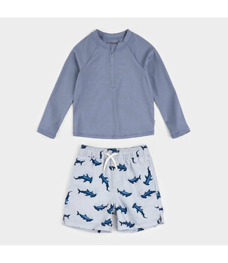 PETIT LEM MAILLOT DE BAIN 2 PIÈCES - BLEU GRIS À IMPRIMÉS REQUIN