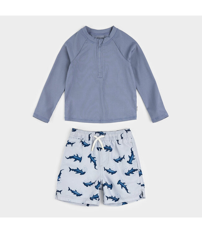 PETIT LEM MAILLOT DE BAIN 2 PIÈCES - BLEU GRIS À IMPRIMÉS REQUIN