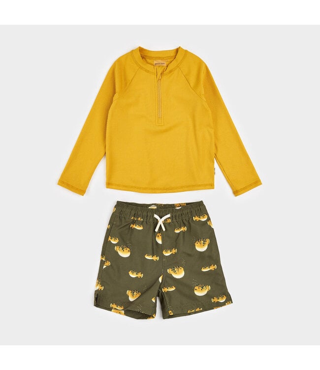 PETIT LEM ENSEMBLE DE BAIN 2 PIÈCES - JAUNE À IMPRIMÉ POISSON-GLOBE