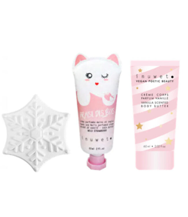 INUWET BOÎTE FLOCON DE NEIGE - BOMBE DE BAIN, CRÈME À MAINS FRAISE & LAIT CORPS