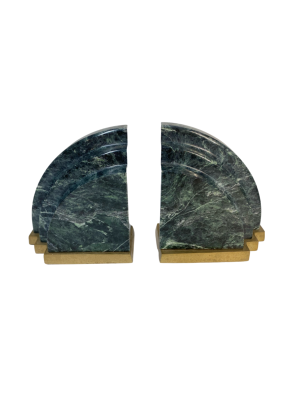 Vintage Green Marble & Brass Bookends