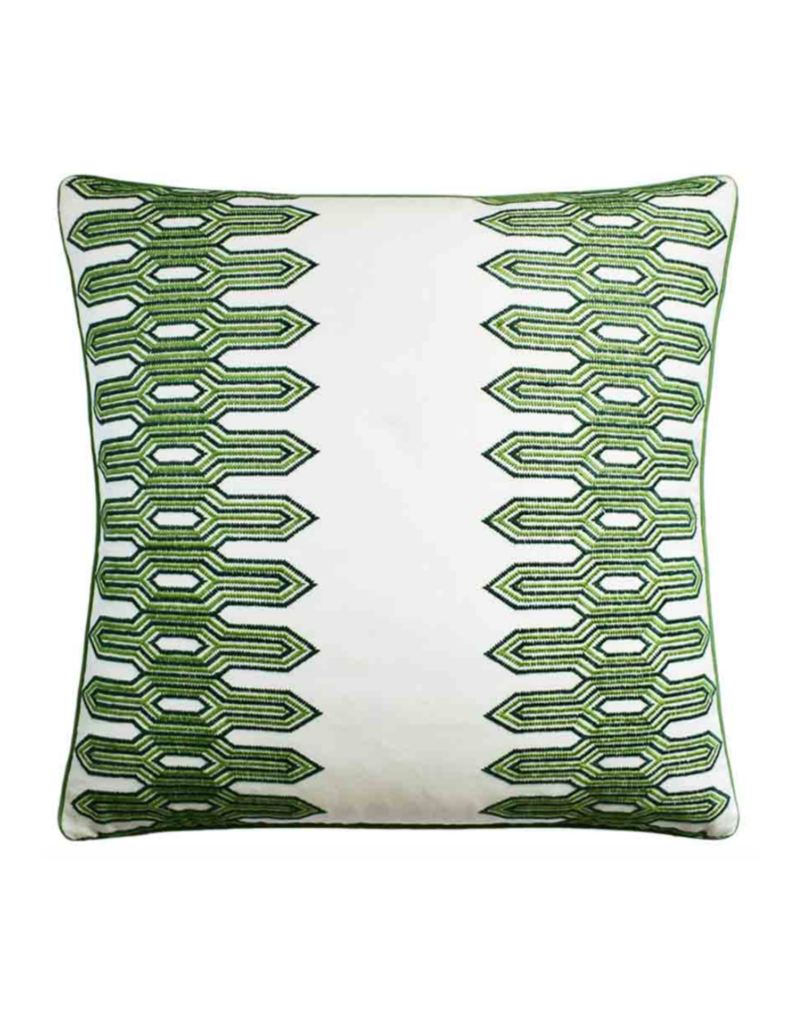 Green & White Geometric Embroidered Pillow