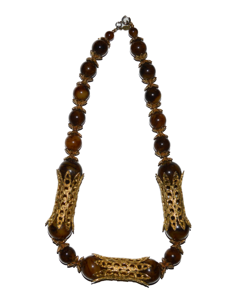 Vintage Cadoro Brown Stone Necklace with Brass Details
