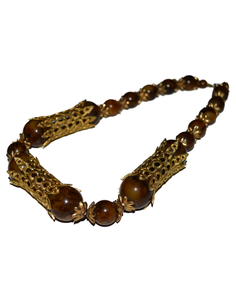 Vintage Cadoro Brown Stone Necklace with Brass Details