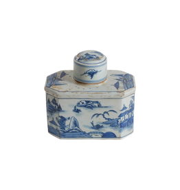 Blue & White Ceramic Tea Jar with Scenic Design