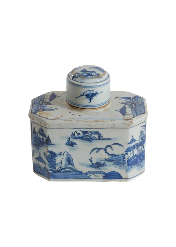 Blue & White Ceramic Tea Jar with Scenic Design