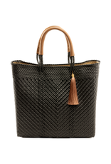 Black Woven Plastic Handbag with Leather Handles