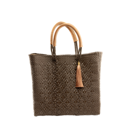 Brown Woven Plastic Handbag with Leather Handles