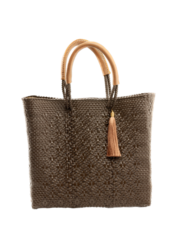 Brown Woven Plastic Handbag with Leather Handles