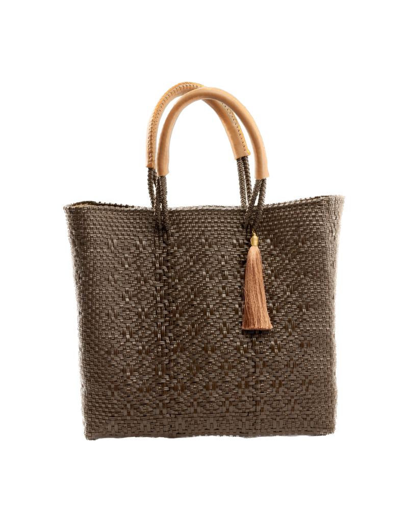 Brown Woven Plastic Handbag with Leather Handles