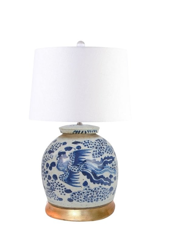 Blue & White Ceramic Phoenix Lamp with Gold Leaf Base