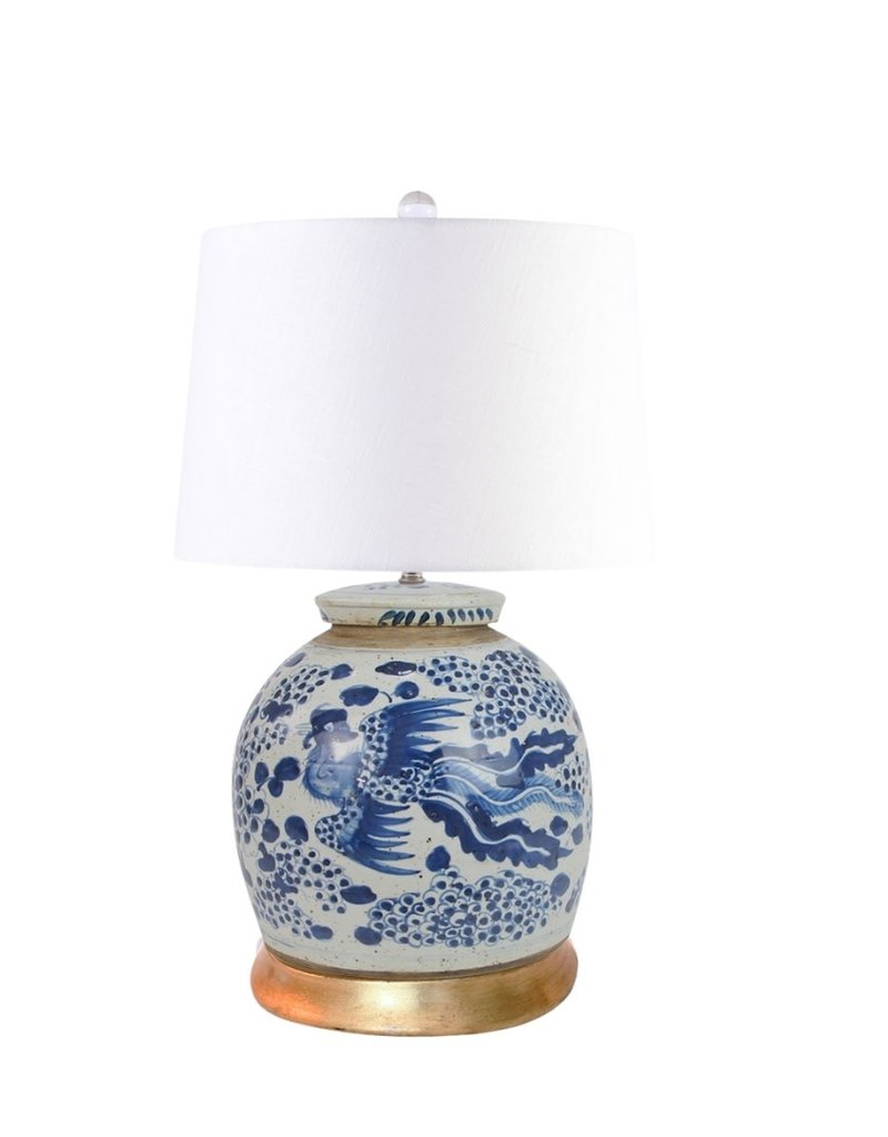Blue & White Ceramic Phoenix Lamp with Gold Leaf Base