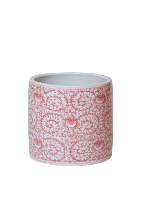 Pink Ceramic Planter with Scrolling Floral Design