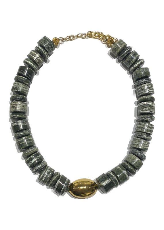 Green Barrel Stone Necklace with Gold Center Bead
