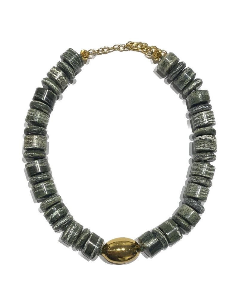 Green Barrel Stone Necklace with Gold Center Bead