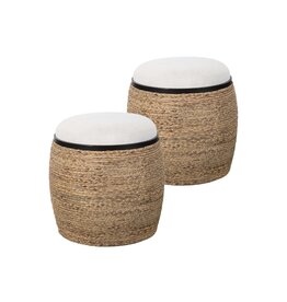 Pair of Natural Raffia Wrapped Upholstered Ottomans