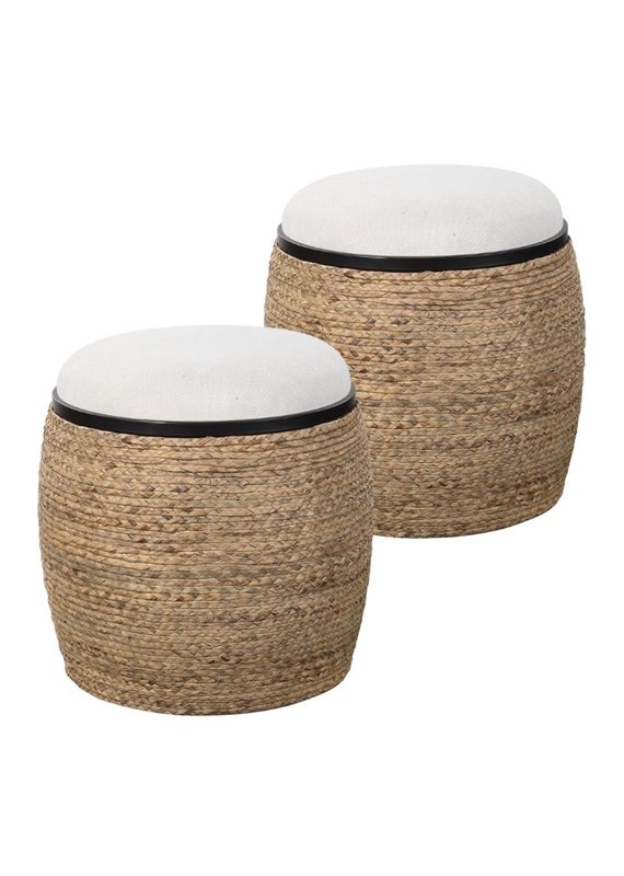 Pair of Natural Raffia Wrapped Upholstered Ottomans