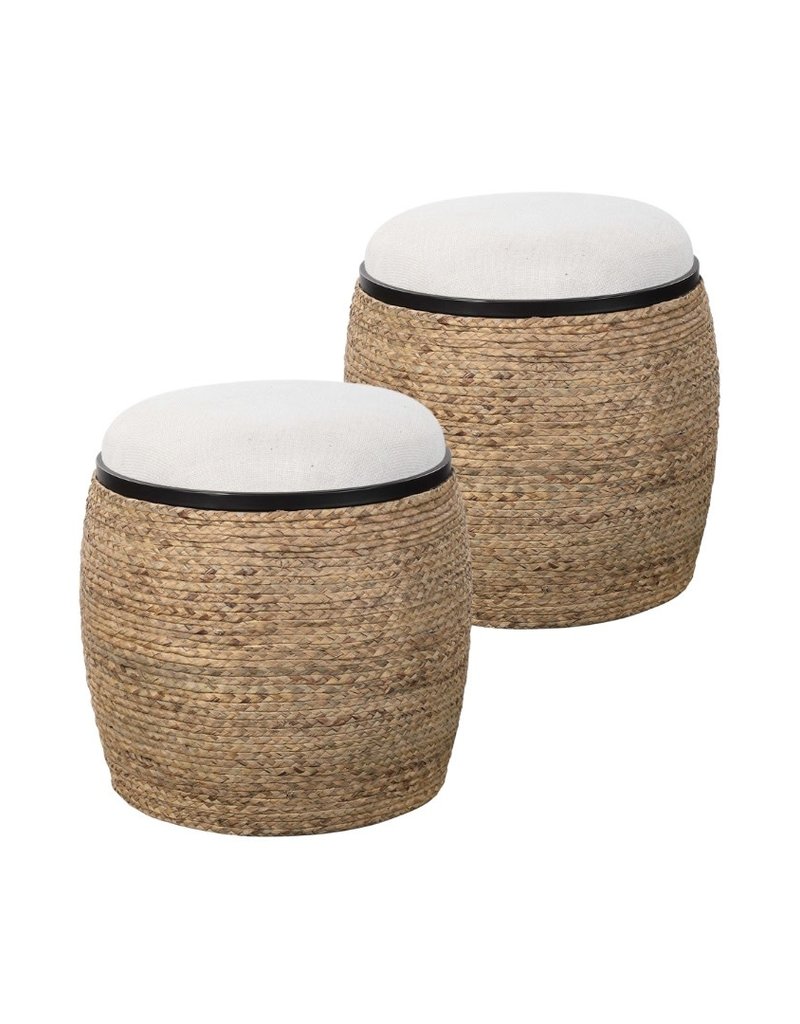 Pair of Natural Raffia Wrapped Upholstered Ottomans