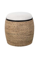 Pair of Natural Raffia Wrapped Upholstered Ottomans