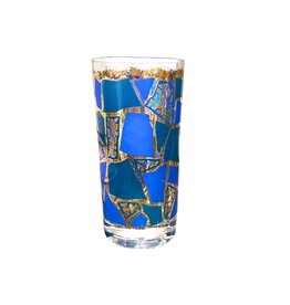 Vintage Set of 5 Blue, Green & Gold Mosaic Highball Glasses