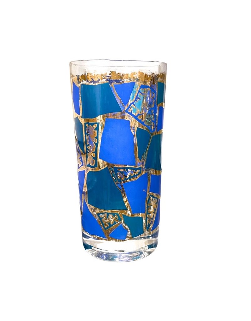 Vintage Set of 5 Blue, Green & Gold Mosaic Highball Glasses
